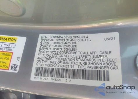 2021 Honda Accord Sport 2.0T z USA, uszkodzony, nr VIN 1HGCV2F38MA021191